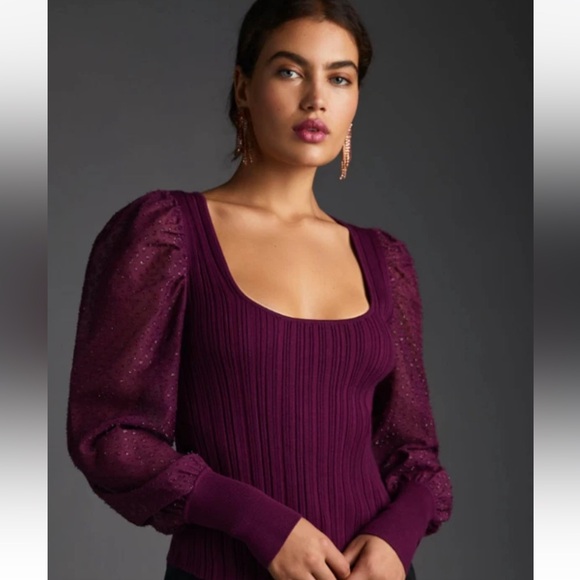 Anthropologie Sweaters - Anthropologie Sweater Top -M Plum Shimmer Ribbed Square Neck Puff Sleeves G-16